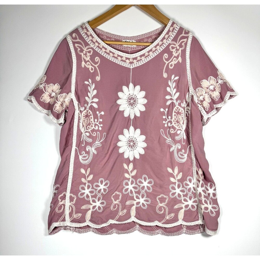 Kindred Blouse‎ Womens 1X Mauve Pink Floral Embroidered Rayon Romantic Boho Top